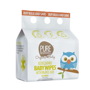PURE BEGINNINGS biologiškai suyrančios kūdikių servetėlės su ekologišku alaviju, 192 vnt.