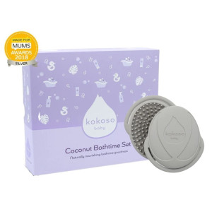 KOKOSO BABY kokosų vonios rinkinys su silikoniniu plaukų šepečiu.