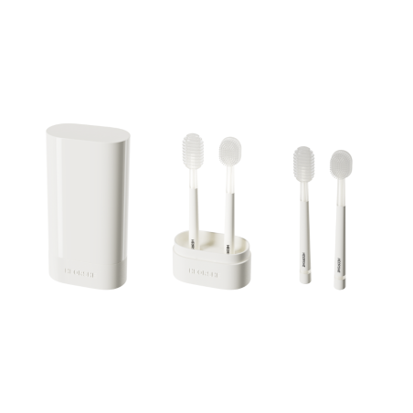 Švelnūs silikoniniai šepetėliai dantukams ir liežuviui, su higienišku laikymo indeliu.