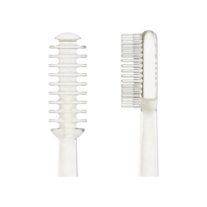 Švelnūs silikoniniai šepetėliai dantukams ir liežuviui, su higienišku laikymo indeliu.